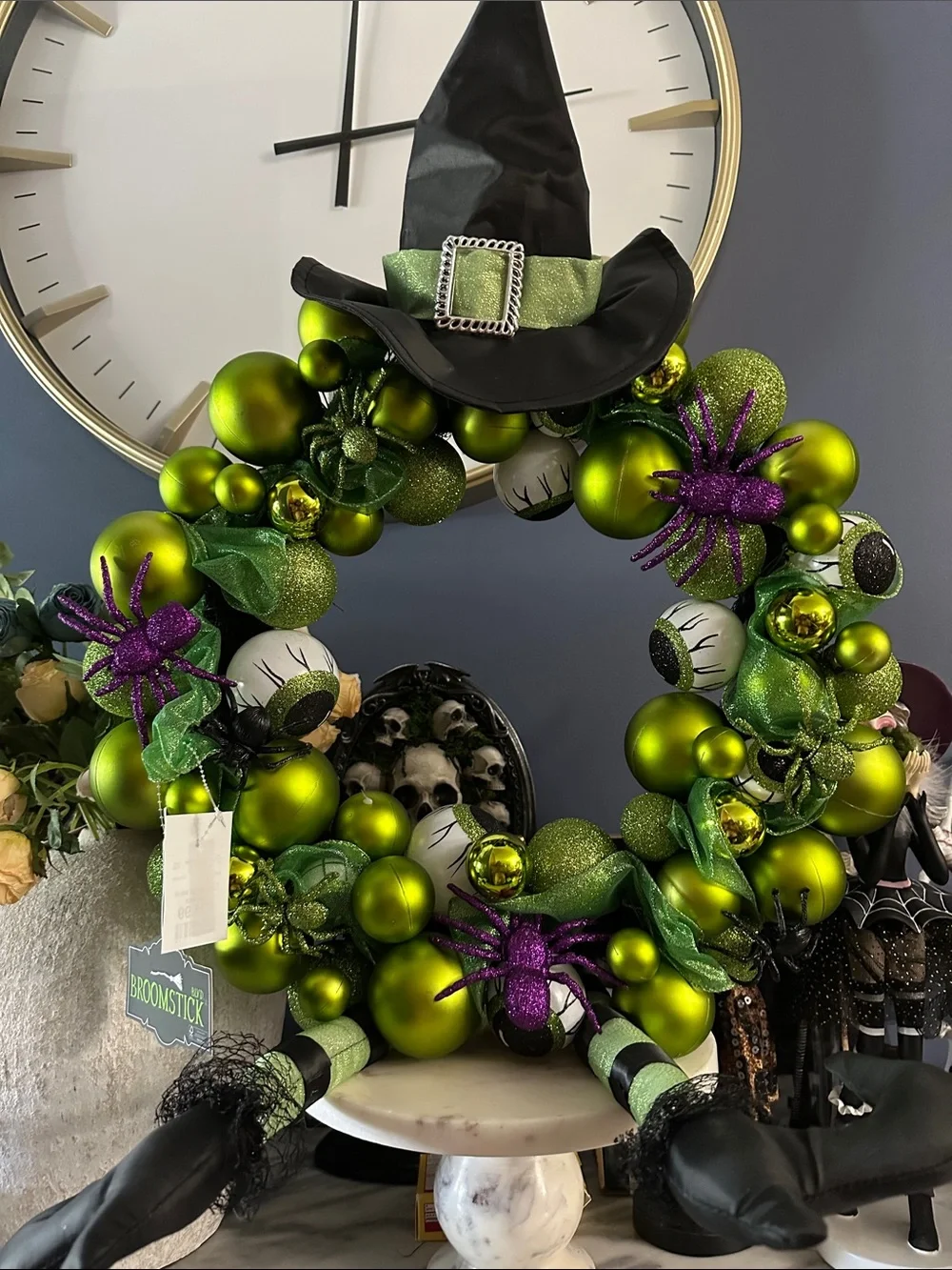 Halloween Witch Hat Green Wreath with Purple Spiders and eyeballs